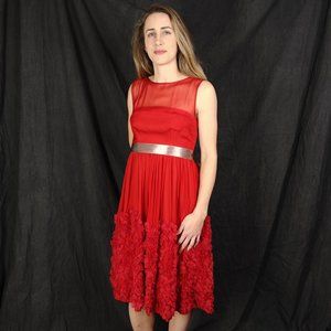 Anthropologie Red Ruffle Party Dress with Pale Satin Ribbon Belt. Size 4.
